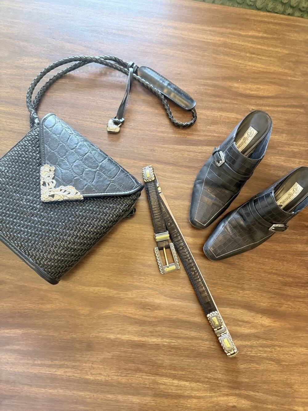 3 Pc Bundle LOT - BRIGHTON MULES 6.5, BRIGHTON BELT, BRIGHTON PURSE Set Silver
